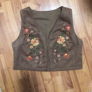 Brown Floral Hippie Short Vest Size Large | Front Colorful Flower Design